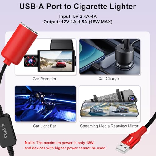 J&D USB A Male to 12V Car Cigarette Lighter Socket Female Converter Cable, 5 ft, 12V 18W Power Adapter, Compatible with Dash Cam, GPS, Car LED Light Strips, Red - color: Red, size: 5 Feet/ 150 CM