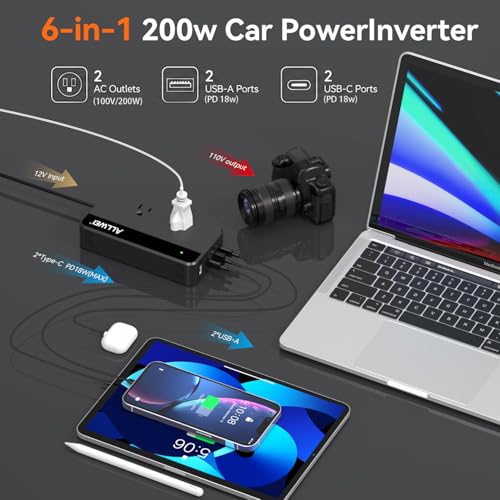 ALLWEI 200W Car Power Inverter 12V DC to 110V AC with USB C