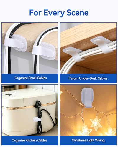 AGPTEK 80Pcs Self-Adhesive Cable Ties, Hook and Loop Cable Straps, White - color: White