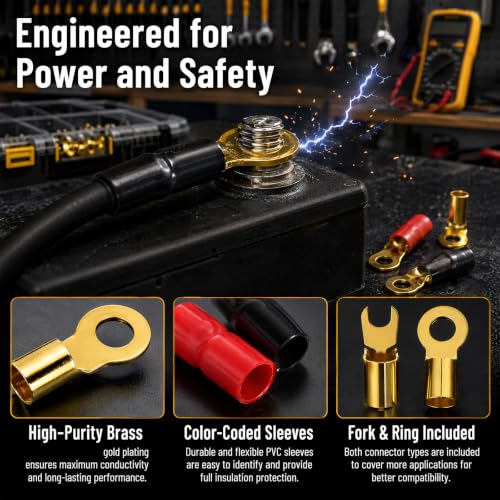 4 Pairs Gauge Wire Connectors Fork & Round, Car Strip Spade Terminal Fork Adapters, 4 Gauge Vehicle Crimp Barrier Spades Connectors, Speaker Wire Cable Terminal Plug for Cars (Red & Black)