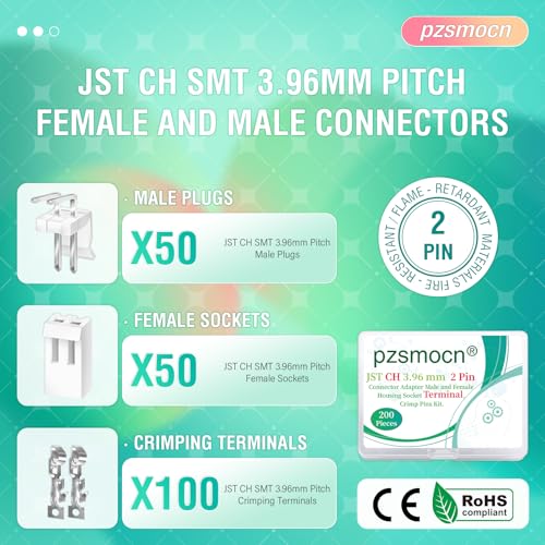 200 Pieces / 50 Sets JST CH SMT 3.96mm 2 Pin Connector Kit Set - size: 2-Pin, style: JST-CH-SMT