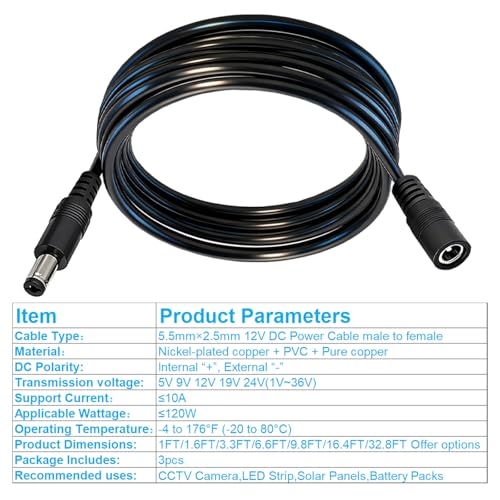 DC Power Extension Cable, 5.5mm x 2.5mm, 16.4FT, 3-Pack - color: Black 3pcs, size: 16.4ft