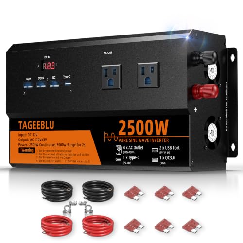 2500 Watt Pure Sine Wave Power Inverter, 12V DC to 110V 120V AC