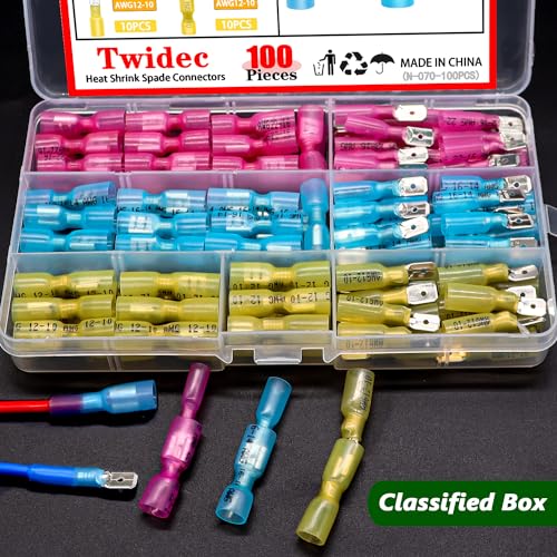 Twidec/100PCS Heat Shrink Spade Connectors Kit 22-10 AWG Female and Male Spade Terminlas Quick Disconnect Connectors Fully Insulated for Automotive Marine and Wire Crimper Tool with Stripper Cutter - color: 100PCS+Crimper Tool