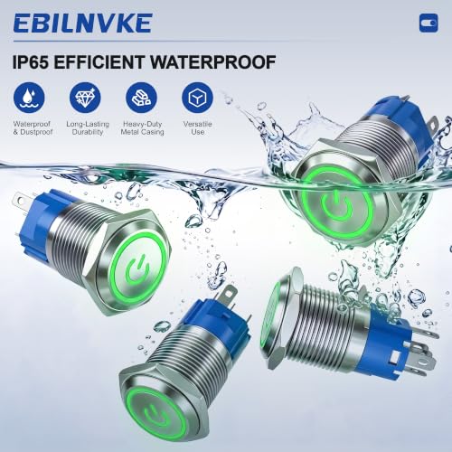 16mm Latching Push Button Switch 5A 12V Power Symbol LED Ring SPDT - color: Silver Shell-Green