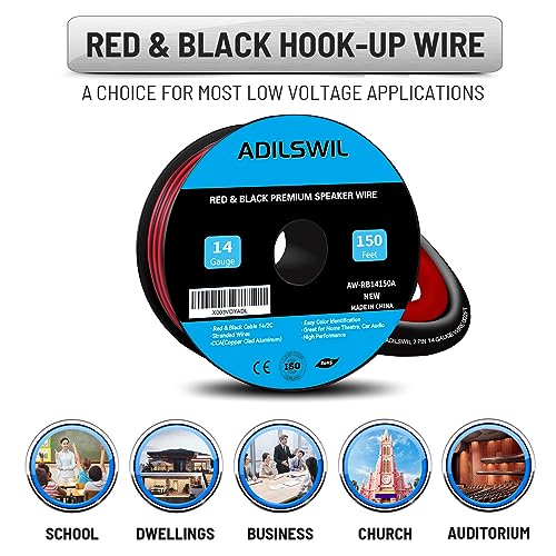 14AWG 150FT Speaker Wire, 2 Conductors Electrical Red Black Cable Hookup LED Lighting Strips Flexible Wire Extension Cord 14 Gauge Copper Clad Aluminum Copper Wire 12V/24V DC Cable - size: 14AWG 150FT CCA