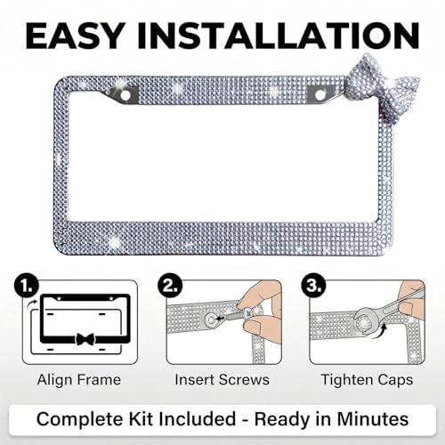 Wanheart 1 Pack White Bling License Plate Frame with White Corner Bow - color: White Frame + White Bow