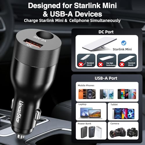 For Starlink Mini Car Adapter 12V-24V to 30V DC Step Up Converter, Dual Port(DC & USB A) Car Cigarette Lighter Adapter, Support Official 50M Cable for Starlink Mini Accessories for RV/Boat/Trailer