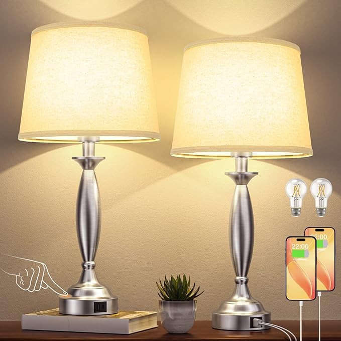 Bedroom Lamps for Nightstand, 3 Way Dimmable Silver Bedside Lamps with USB - color: C. Beige Shade & Nickel Base, size: Medium(22.5 In)