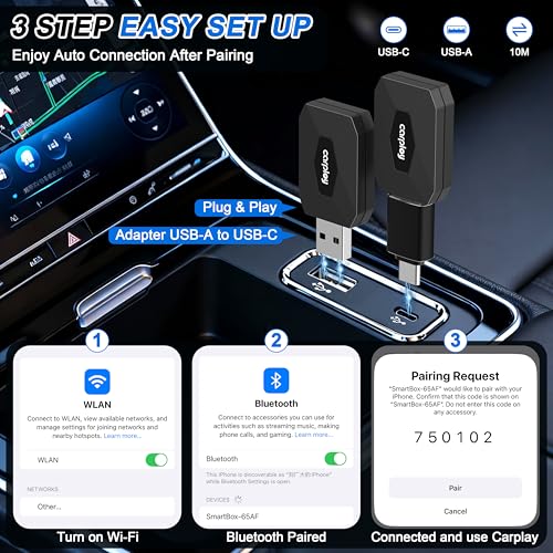 Wireless CarPlay Adapter for iPhone – Converts Wired to Wireless CarPlay for Android Auto with Fast Stable 5.8GHz & Bluetooth Connect & Plug and Play USB & USB-C – No Delay Apple CarPlay, Black