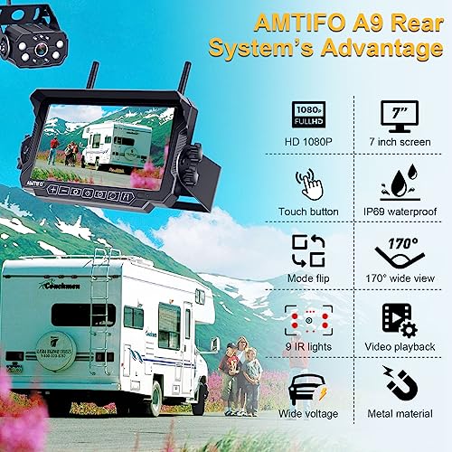 AMTIFO Wireless RV Backup Camera System - 2 HD 1080P Cameras with 7" Split-Screen Monitor,Compatible with Furrion Pre-Wired RVs,Loop Recording,Night Vision,Easy Install for Trailers Campers Trucks - size: 7 Inch - 2 Cameras