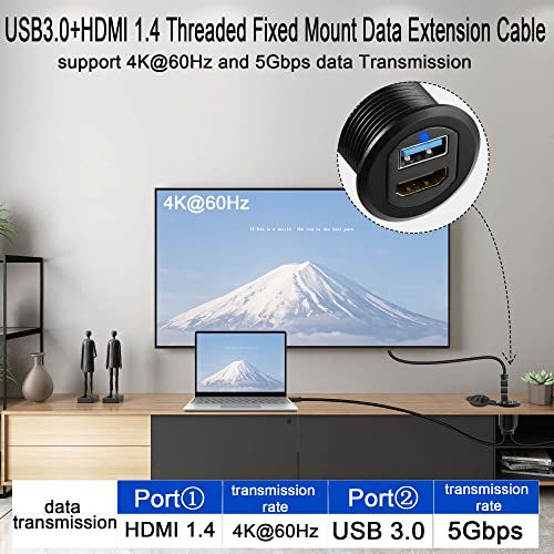 QIANRENON USB3.0 & HDMI Embedded Car Waterproof Cable USB3.0+HDMI 1.4 Threaded Fixed Mount Data Extension Cable, LED Light, Aluminum Housing, for Dashboard Car Boat Motorbike, 2M/6.5ft