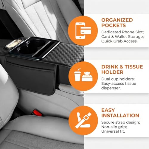 Car Center Console Armrest Pillow, 5-in-1 Armrest Box Cover with Cup Phone Holder & Storage Pocket Tissue Box, Multifunctional Auto Middle Console Arm Rest Protector, Universal Fit (Black) - color: Black