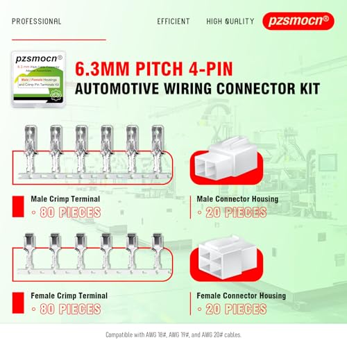 200 Pieces / 20 Sets Automotive Wire Connector 6.3mm 4-Pin Kit - size: 4-Pin, style: 6.3mm Connector