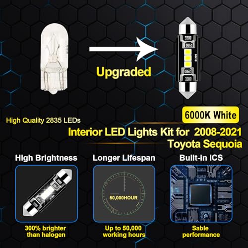 EASY EAGLE LED Interior Car Lights for Toyota-Sequoia-2008-2021: 20 Piece Kit White LED Light Bulbs - Super Bright 6000K + Install Tool