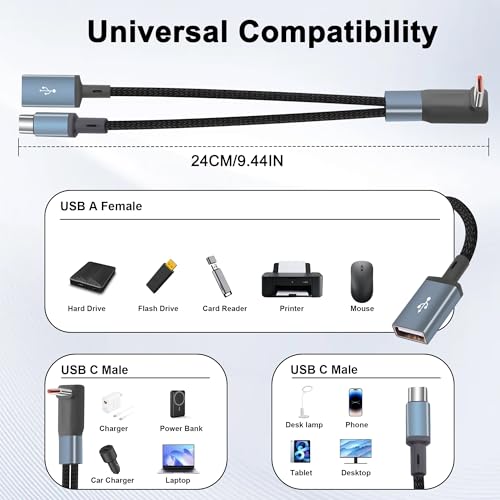Right-Angle USB-C Splitter Cable 1-in-2-Out,Short USB-C Male to Type-C + USB-A Y-Splitter Cable,2-in-1 USB C Charging Extension Adapter Cable for Power Bank,Phone,USB Drive–24cm