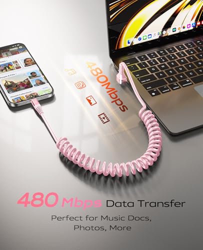 90 Degree USB A to USB C Cable Coiled, 3FT&6FT USB C Cable 3A Fast Charging - color: Pink, size: 3FT