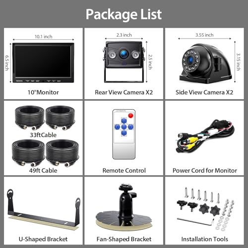 ZEROXCLUB 4 Wired Backup Camera System, 10" 1080P Monitor IP69K Waterproof Vibration-Proof 10G Rear Side View Camera, Quad Split Screen for Tractor, Truck, Trailer, Combine, Heavy Equipment, BH104 - size: 10"-4 Cam