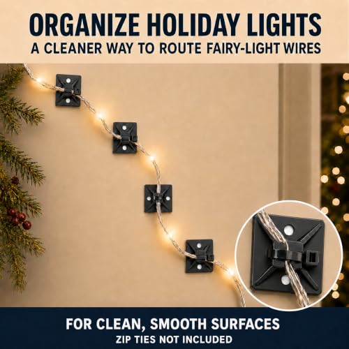 100 PCS 1" Adhesive Cable Tie Mounts – Strong Sticky Back Nylon Wire Holders for Cable Management in Home, Office, Car & Christmas Lights (BLACK-100) - color: Black-100pack
