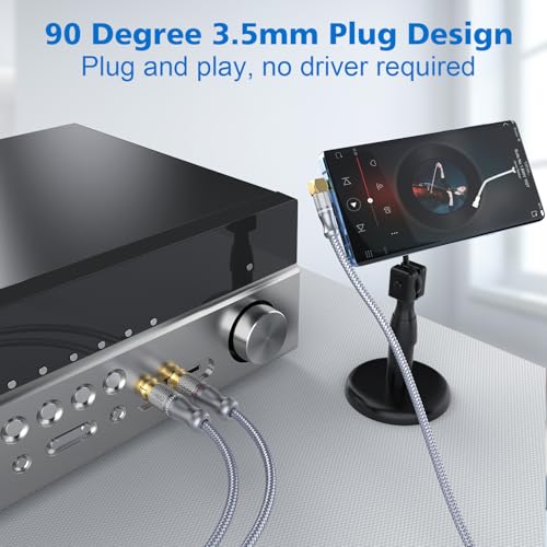 RCA to 90 Degree 3.5mm Cable Right Angle AUX to RCA Stereo Y Splitter for Smartphones, MP3, Tablets, Speakers -Grey(6ft/2M) - size: 6ft/2M