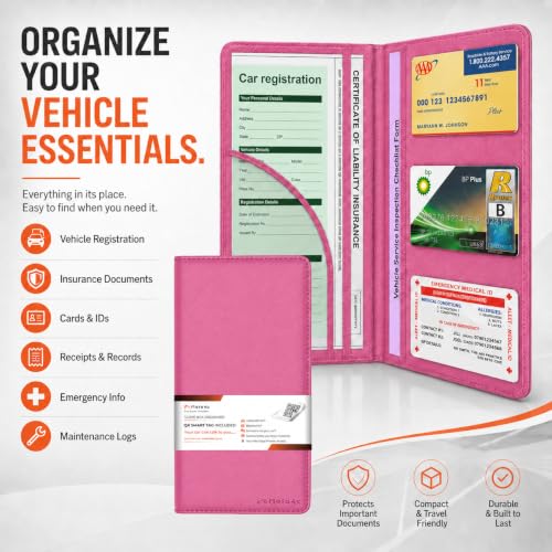 Car Registration and Insurance Card Holder, Pink Premium PU Leather Folder - color: Pink