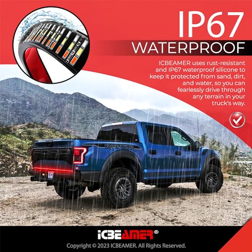 ICBEAMER Triple Row 60 inch 504 pcs LED for Pick up/Truck Tailgate Light Bar Side Bed Light Strip Bar IP67 Waterproof Reverse- 6 Functions Tail/Brake/Sequential/Turn Signals/Reverse/Flashing Lights - size: 60" Triple Rows
