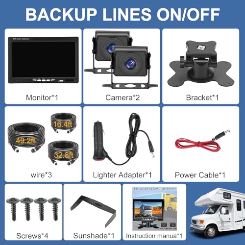 Dual RV Backup Camera with 7 Inch Monitor, AHD 1080P, 2 Channel, DIY Guide Lines 150 Degree Wide View Angel Wired Reverse Rear View Camera for Truck Car Trailer Camper Tractor - size: 7''+ 2 Camera