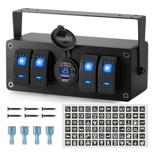 Joinfworld 4 Gang Rocker Switch Box 12V SPST ON/Off Marine Switch Panel 12 Volt Waterproof Blue LED Light Bar with Dual USB Outlet PD3.0 & QC3.0 Car USB Port for Boat Automotive Car Truck RV UTV - size: 4 Gang