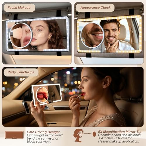 ELZO Car Sun Visor Vanity Mirror with Light, Magnifying Glass Rechargeable Car Makeup Mirror with 3 Light Modes & 88 LEDs, Dimmable Touch Led Screen, Gifts for Women Girl, Universal for SUV Car Truck