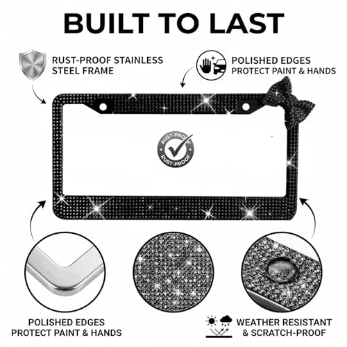 Wanheart 1 Pack Black Bling License Plate Frame, Upper Right Black Bow - color: Black Frame + Black Bow