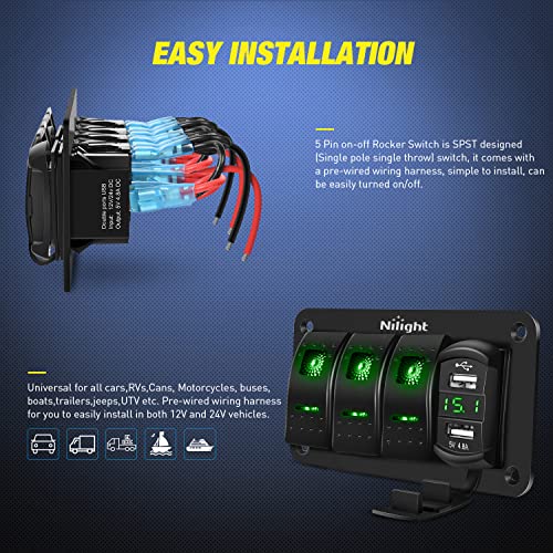 Nilight 3 Gang Rocker Switch Panel with 4.8 Amp Dual USB Charger Voltmeter Waterproof 12V 24V DC Night Glow Stickers for Cars Trucks Boats RVs - color: Green, size: 4 Gang Dual USB