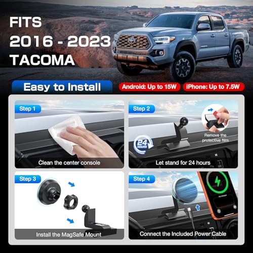 Magnetic Phone Mount with 15W Fast Charging for Toyota Tacoma 2016–2023, 22 Strong Magnets, Rock-Solid Hold on Rough Roads - style: Magnetic Charging