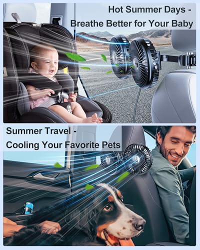 Dual Head Car Cooling Fans for Back Seat for Kids, Usb 5V/ 12V /24V Car Backseat Headrest Fan for Baby Rear Facing, Car Seat Cooler That Blow Cold Air for Vehicles Sedan Suv Rv Truck Without Ac - style: USB Powered
