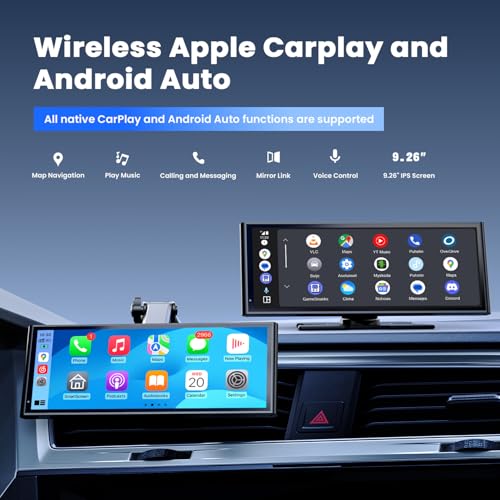 9.26" Wireless Portable Carplay Screen for Apple Car Play Android Auto OTA - color: Black
