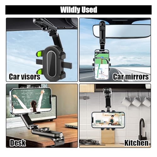 Sun Visor Car Phone Holder, Multifunctional Adjustable Rearview Mirror Cell Phone Holder for Car Home Kitchen, 360° Rotatable and Retractable Car Phone Mount Compatible with Most Cell Phones (Green) - color: Green