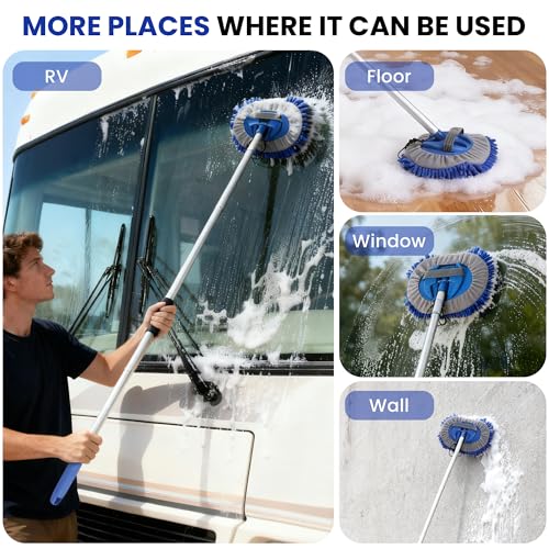 Car Wash Brush with Long Handle, 60'' Car Wash Mop, 7Pcs Chenille Microfiber Cars Washing Kit with Window Squeegee/Microfiber Towels /Wheel Brush for Cars RV Truck Boat Floor Window, Blue - color: Blue