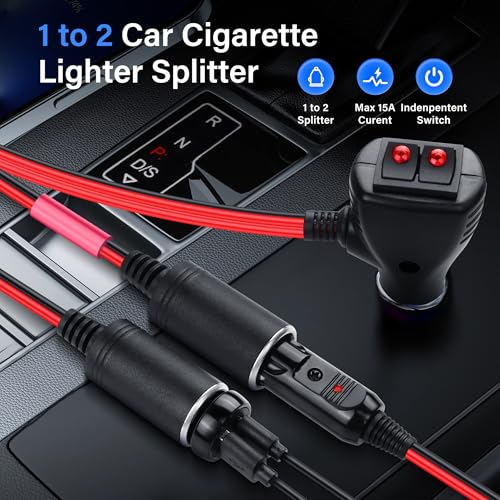 SinLoon 12V Car Cigarette Lighter Splitter Adapter with 2 Independent Switches 16AWG Cigarette Lighter 1 Male to 2 Female Sockets Y Splitter Power Cable with 15A Fuse 0.3M/1FT