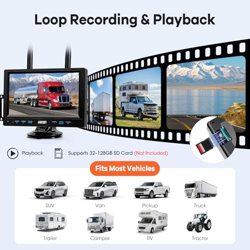 2 Solar Magnetic Wireless Trailer Camera System, 7" IPS DVR Screen + Solar Powered Night Vision Rear Camera, 100% No Wiring Waterproof Backup Camera System for RV Truck Trailer Hitch, BS2 - size: 7" 2-Cam