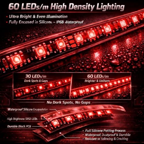 12V Marine Boat LED Light Strip Super Bright, 2 Pack 2FT IP68 Fully Waterproof RV Front Cap Lights, Golf Cart Underglow Roof Lights Strip for Truck ATV UTV SUV Car Pickup Trailer, Cuttable, Red - color: Red, size: 2FT
