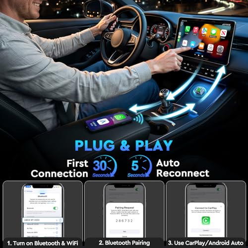 ELRINA 2026 New-Gen Wireless CarPlay Adapter with Button Control, 5s Fast Auto-Reconnect Ultra Mini Wired to Wireless Plug & Play Adapter for iPhone & Android Auto, Stable 5.8GHz WiFi, Bluetooth 5.4 - color: Silver