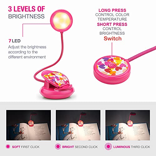 Vekkia Cute Rechargeable Book Light Eye-Care Clip on Lights (Rose Red) - color: Pink