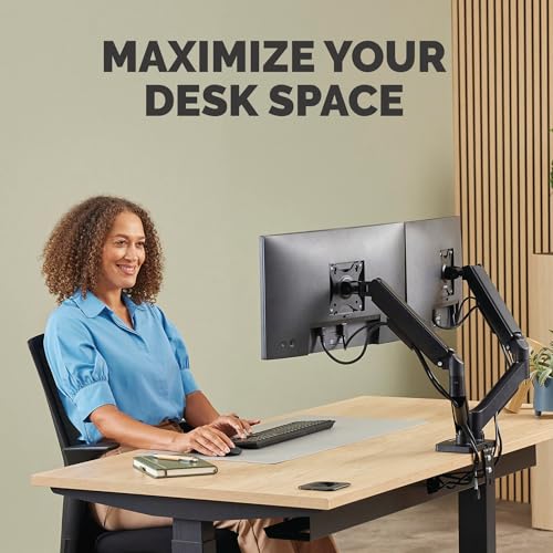 Fellowes Everyday Plus Dual Gas Spring Monitor Arm Holds Two Screens up to 32" Weighing 4.4-19.84 lbs ea, Height Adjusting, Tilt, Swivel, Rotate, VESA 75/100, Clamp or Grommet Mount, Cable Management - style: Everyday Plus Dual Arms