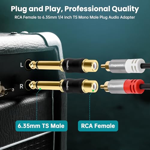 RCA to 1/4 Inch Adapter 10 Pack, 6.35mm Quarter Inch TS Mono Male to RCA Female Jack Plug, Gold-Plated Guitar Connectors, Audio Converter Premium Quality Series - size: 10 Pack