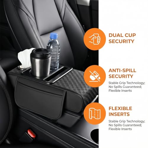 Car Center Console Armrest Pillow, 5-in-1 Armrest Box Cover with Cup Phone Holder & Storage Pocket Tissue Box, Multifunctional Auto Middle Console Arm Rest Protector, Universal Fit (Black) - color: Black