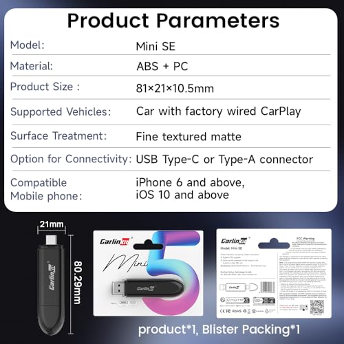 CarlinKit CarPlay Wireless Adapter MiNi SE 2026 - Auto Connect Online Update for iPhone, Apple CarPlay Wireless Adapter Convert OEM Wired CarPlay Cars, Plug & Play Dongle - color: Black