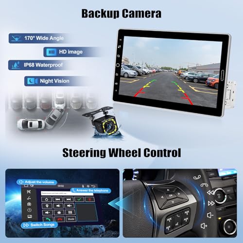 Single Din Car Stereo with Wireless Carplay Android Auto 10.1 Inch IPS Touchscreen Car Radio with Mirror Link Bluetooth 5.2 Handsfree FM RDS EQ USB SWC Car Audio Receiver Backup Camera