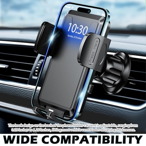 360° Rotation Car Phone Holder Vent,Car Vent Phone Mount with Retractable Hook & One-Hand Release Button for Secure Mounting,Anti-Slip & Anti-Shake Phones Holders for Your Cars