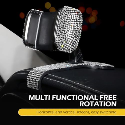 Phone Mount, 360 Degree Rotation Diamond-Encrusted Cell Phone Holder, Anti-Slip Silent GPS Mount for Sun Visor Rearview Mirror Dashboard, Universal One Hand Operation Design Clip (White) - color: White