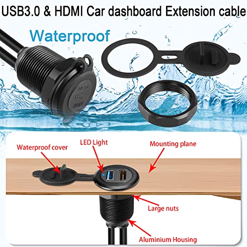 QIANRENON USB3.0 & HDMI Embedded Car Waterproof Cable USB3.0+HDMI 1.4 Threaded Fixed Mount Data Extension Cable, LED Light, Aluminum Housing, for Dashboard Car Boat Motorbike, 2M/6.5ft