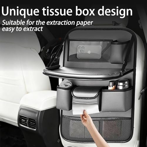 Leather Car Seat Back Organizer with Foldable Tray Table, Backseat Car Organizer with Tablet Pocket, Cup Holders, Tissue Pocket, Mesh Pockets, Kick Mat, Gray, 1 Pack - color: Gray